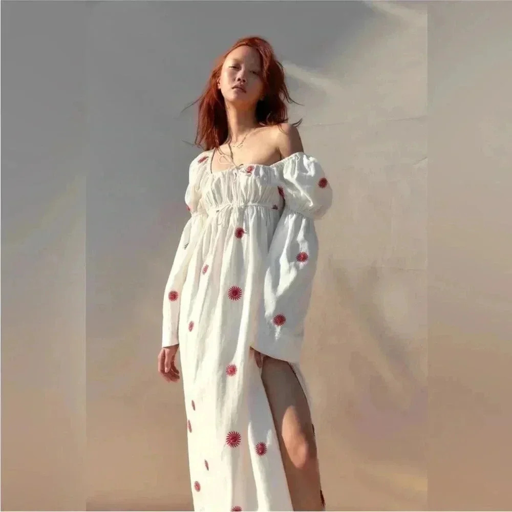 NEW Free People Emory Embroidered Cotton-Linen Blend Midi Dress Ivory NWOT Sz S - Picture 4 of 14